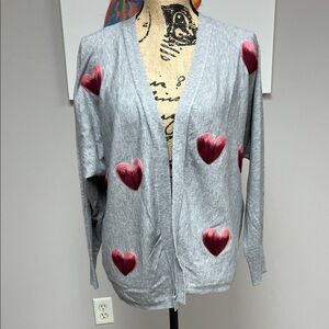 Chic Gray Cardigan with Red Heart Details